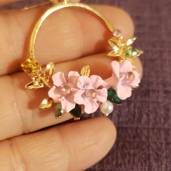 Handmade flower pink earrings yellow gold leaves - Picture 2 of 4